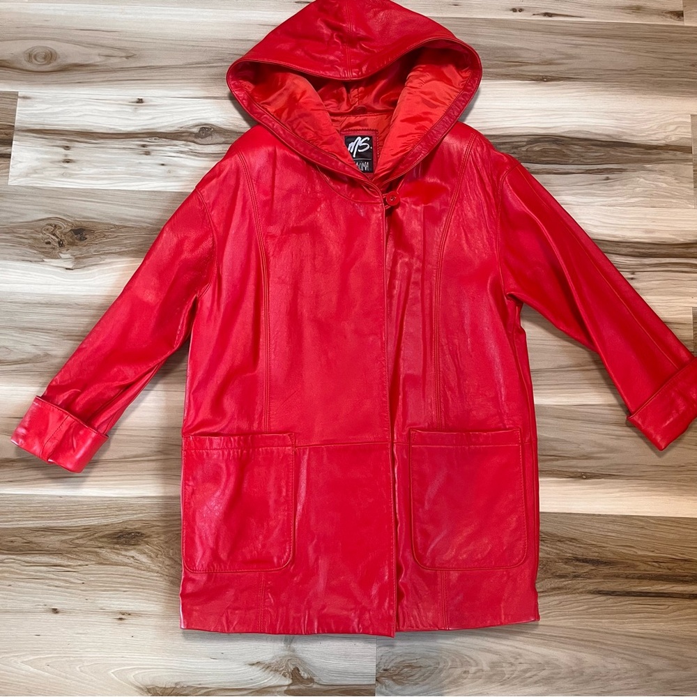 Ms Maxima 80s/90s Vintage Wilson’s Leather Jacket Medium M Hot Cherry Red Hooded